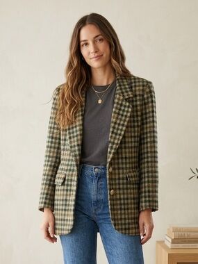 FOCUS 2000 Beige and Dark Green Plaid Houndstooth Blazer